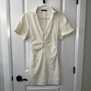 127. ZARA Cream Tie-Front Collared Mini Dress – Size S.